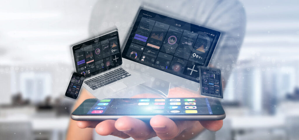 businessman holding devices connected to a cloud multimedia network 3d rendering